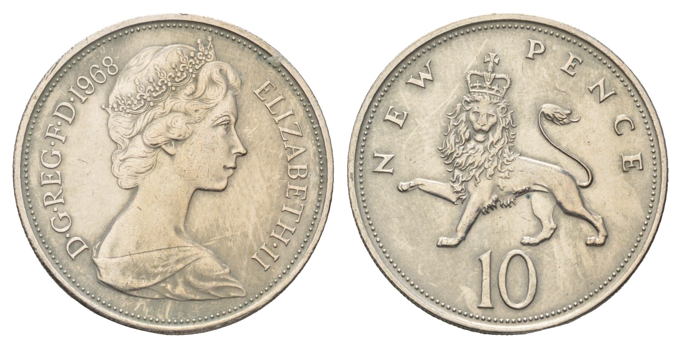 Великобритания 10 новых пенсов 1968 Елизавета II (1952-2022) KM 912, Spink 4231 (F1) медно-никель 4140-214