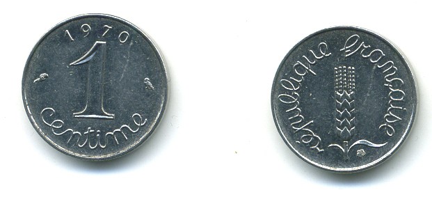 ФРАНЦИЯ 1 САНТИМ 1970 KM 928 хромированная сталь 84-1524