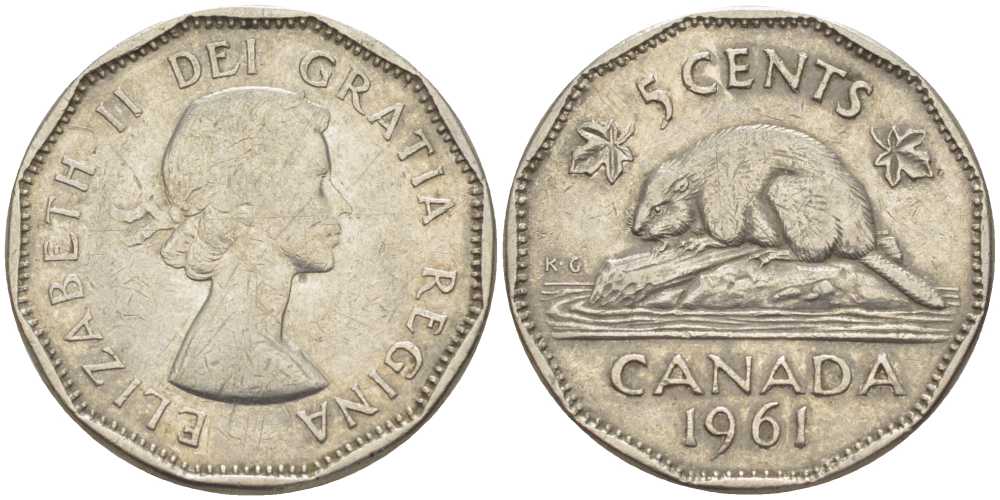 Канада 5 центов 1961 Елизавета II (1952-), бобр KM 50а никель 86-541