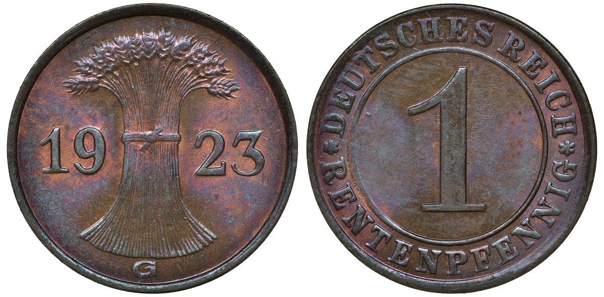Германия 1 рентенпфенниг 1923 G KM 30, J. 306 бронза UNC 72-1166