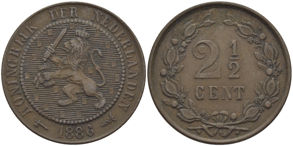 Нидерланды 2 1/2 цента 1886 Виллем III (1849-1890) KM 109 бронза 4175-737