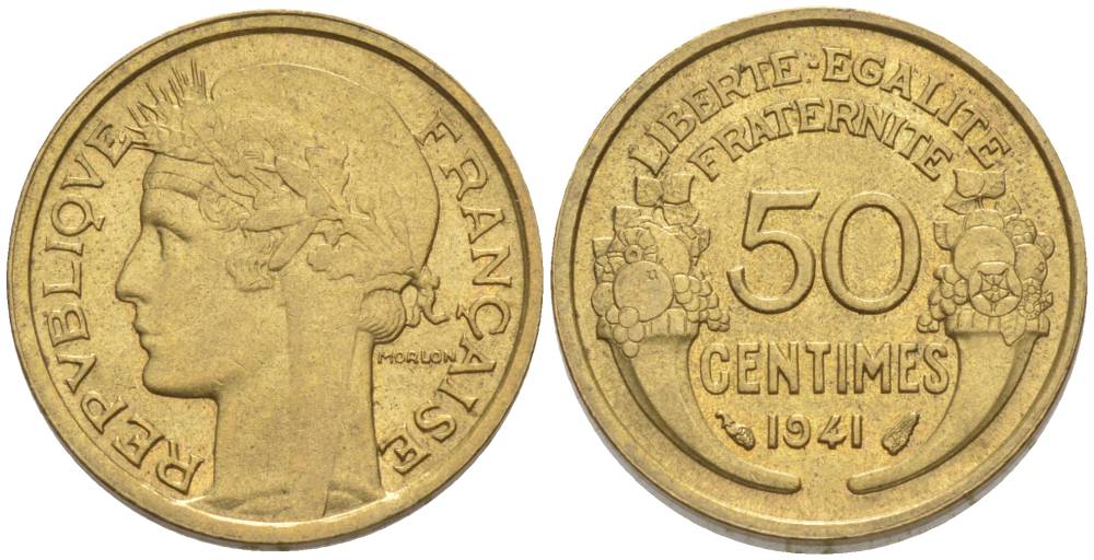 ФРАНЦИЯ 50 САНТИМОВ 1941 ТИП MORLON KM 894.1, LE FRANC 192.18 алюминиевая бронза 44-653