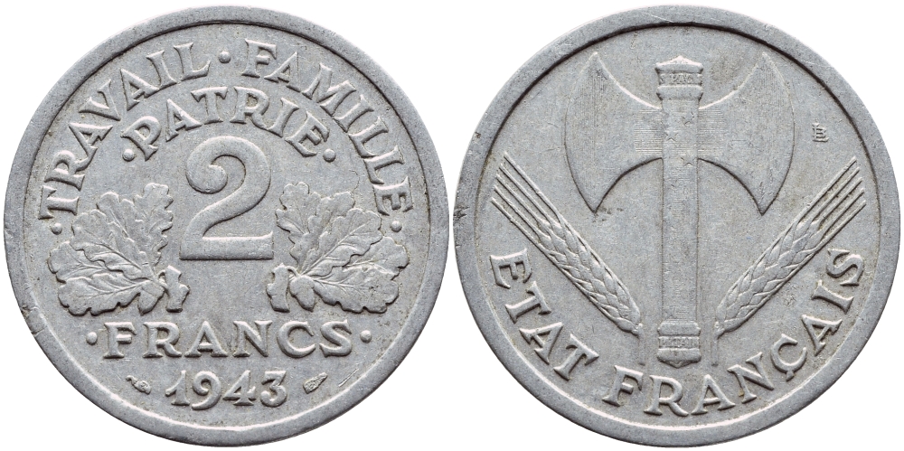 Франция 2 франка 1943 правительство Виши KM 904.1 алюминий 4397-726