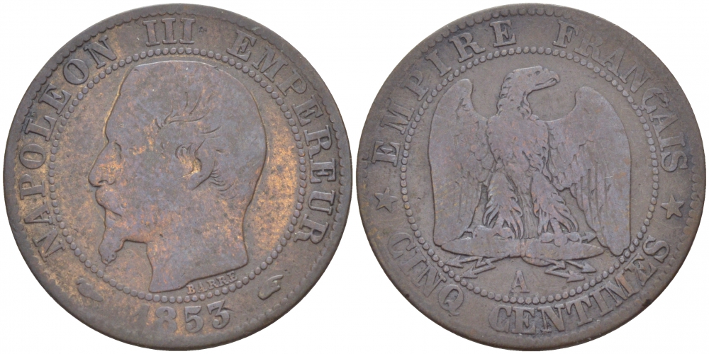 ФРАНЦИЯ 5 САНТИМОВ 1853 A, НАПОЛЕОН III (1852-1870) KM 777.1, LE FRANC 116.1 бронза 3457-932