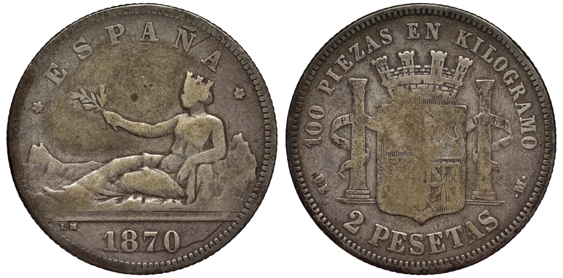 Испания 2 песеты 1870 (73) DE-M KM 654 серебро 4566-643