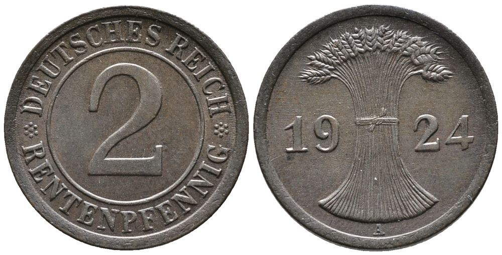 ГЕРМАНИЯ 2 РЕНТЕНПФЕННИГА 1924 A KM 31, J. 307 бронза 24-626