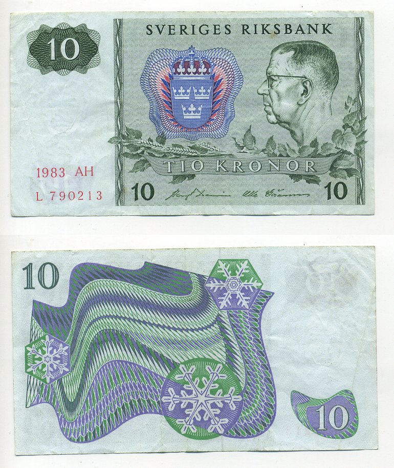 ШВЕЦИЯ 10 КРОН 1983 СЕРИЯ AH Pick 52e бумага 7203-74-2