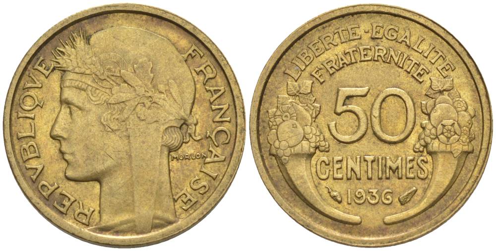 ФРАНЦИЯ 50 САНТИМОВ 1936 ТИП MORLON KM 894.1, LE FRANC 192.12 алюминиевая бронза 44-738