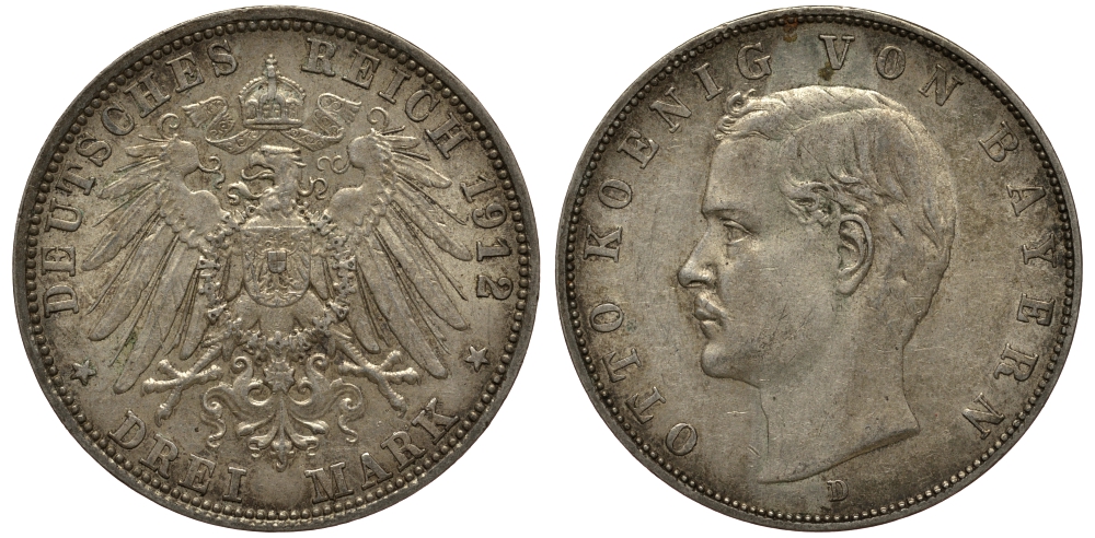 Бавария 3 марки 1912 Отто (1886-1913) Weege 45, J. 47, KM 515 серебро 3711-2111