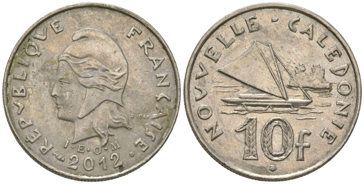 Французская Новая Каледония 10 франков 2012 рыбачья парусная лодка, (IEOM) KM 11a, Schoen 13a, Lec 99k медно-никель 65-951