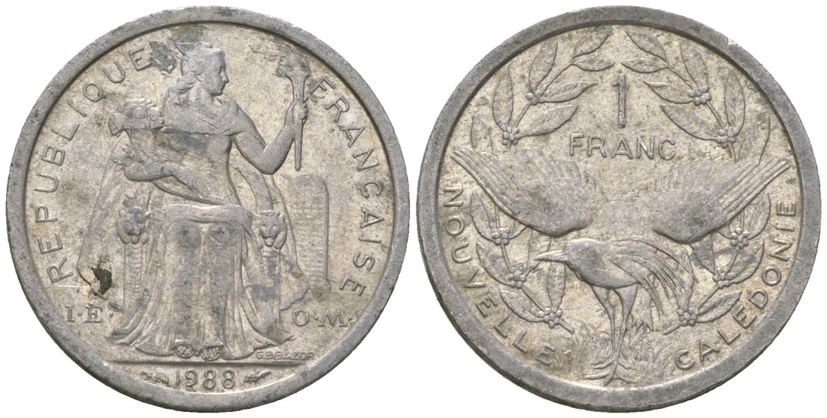 Французская Новая Каледония 1 франк 1988 птица кагу, (IEOM) KM 10, Schoen 10, Lec 48 алюминий 53-431