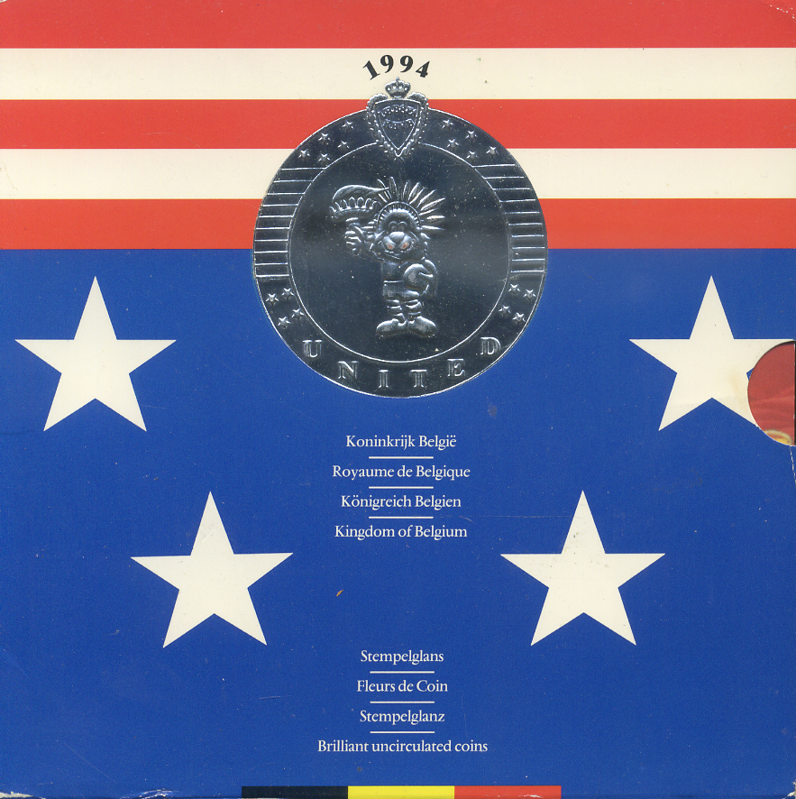 Бельгия набор из 10 монет + жетон 1994 Belgie-Belgique, чемпионат мира по футболу 1994 года В США, в оригинальном картонном буклете KM MS 7 UNC 6-6-2-19