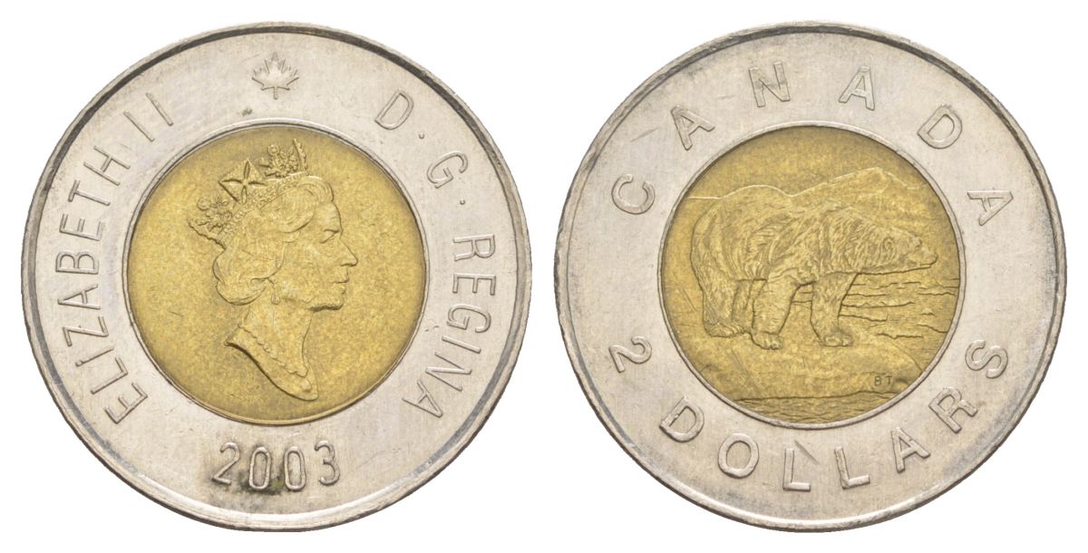 Канада 2 доллара 2003 Елизавета II (1952-2022), полярный медведь KM 270 биметалл 4631-841