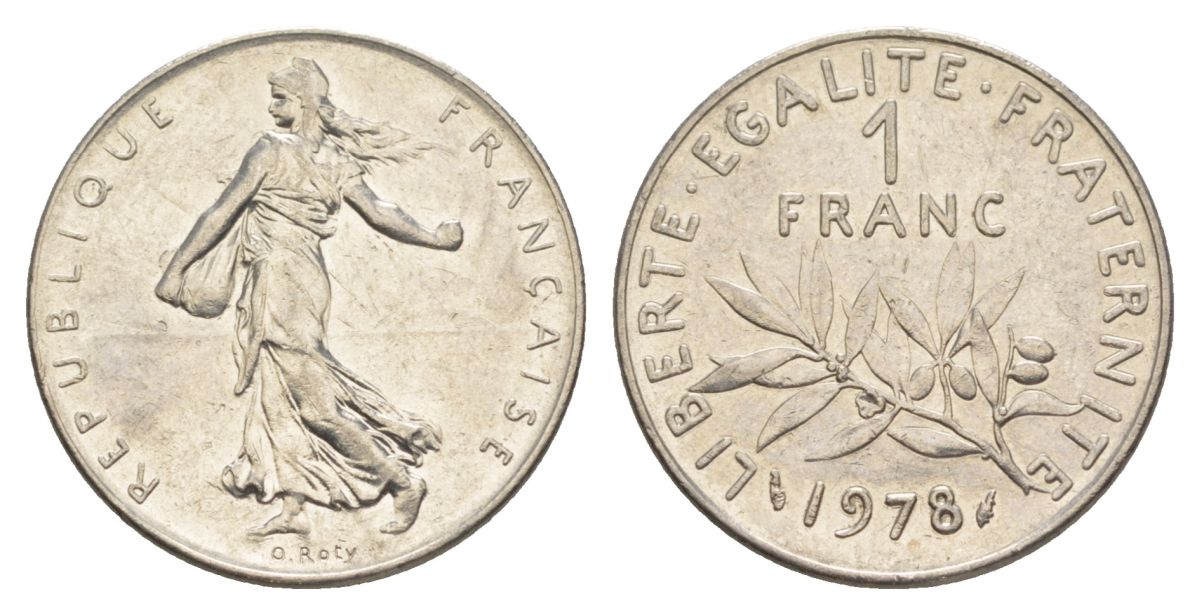Франция 1 франк 1978 сеятель KM 925.1, Le Franc 226.23 никель 4631-535
