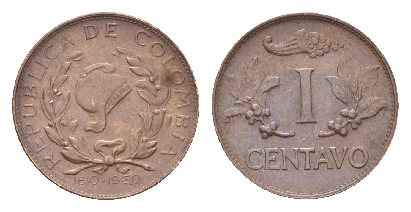 Колумбия 1 сентаво 1960 150 лет Независимости Колумбии KM 218 бронза 5010-2025