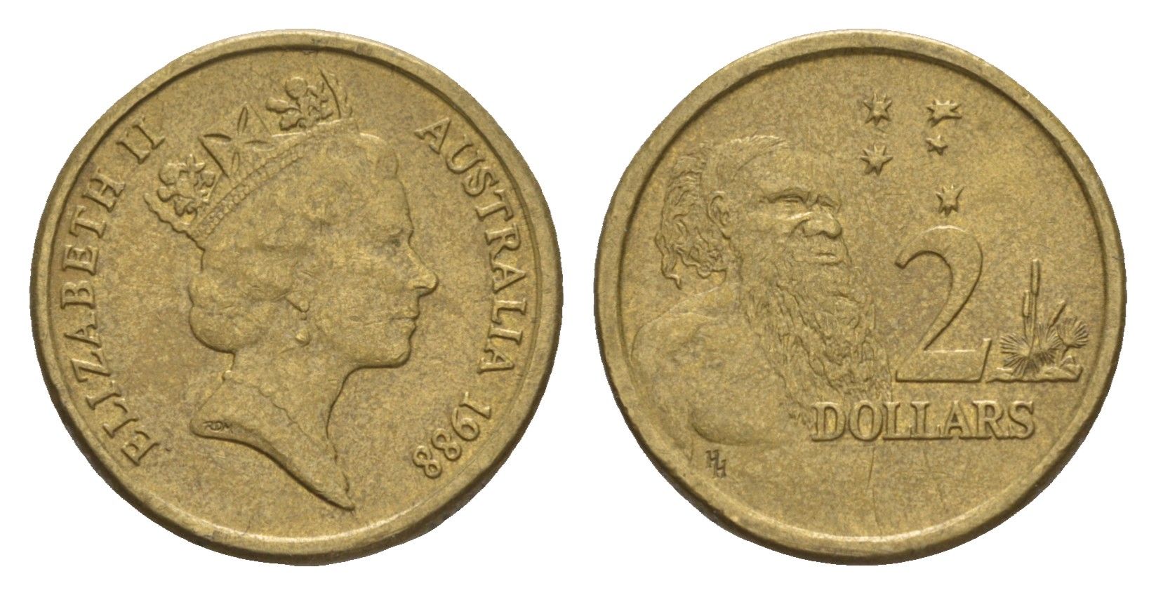 Австралия 2 доллара 1988 абориген, Елизавета II (1952-2022) KM 101 алюминиевая бронза 4658-118