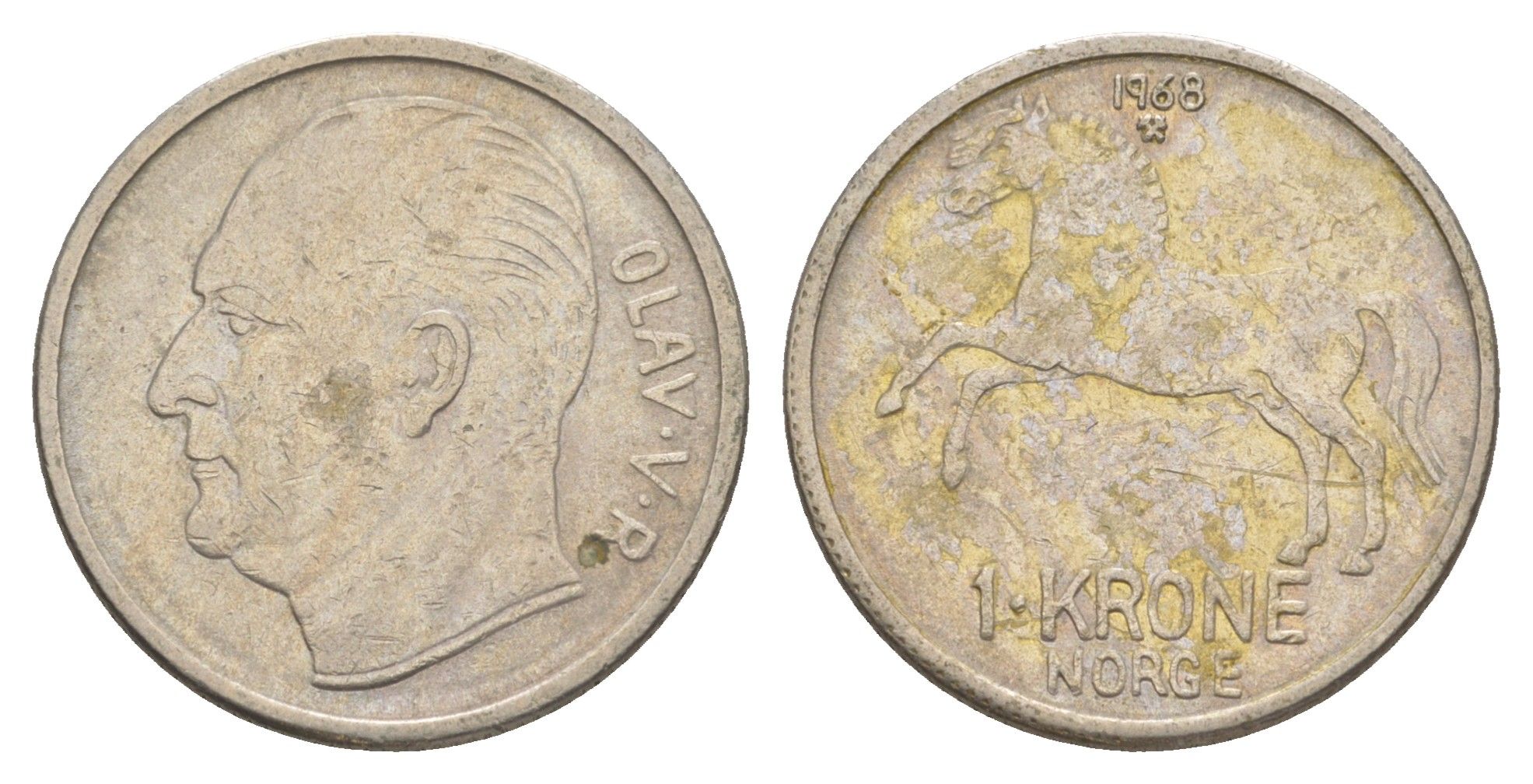Норвегия 1 крона 1968 лошадь, Улаф V (1957-1991) KM 409 медно-никель 4156-231