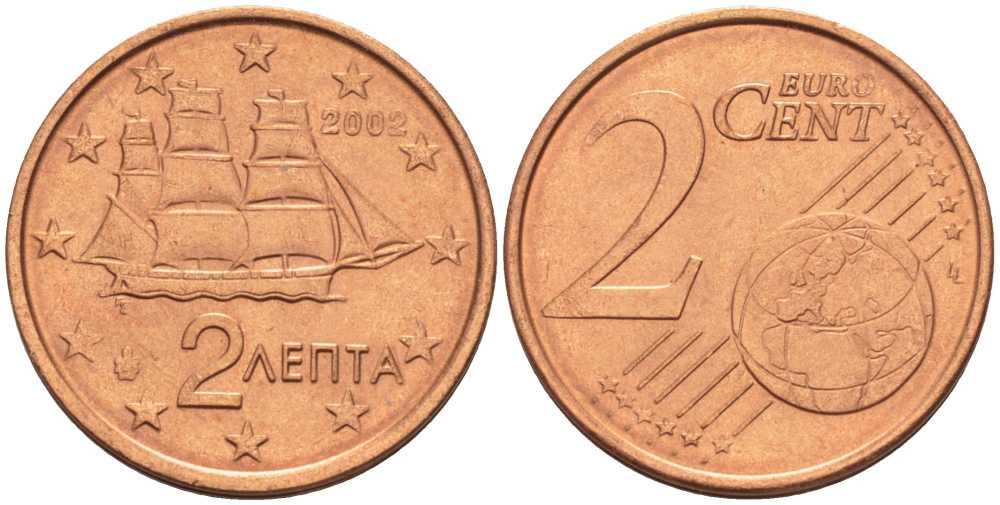 ГРЕЦИЯ 2 ЕВРОЦЕНТА 2002 KM 182 сталь плакированная медью UNC 214-343