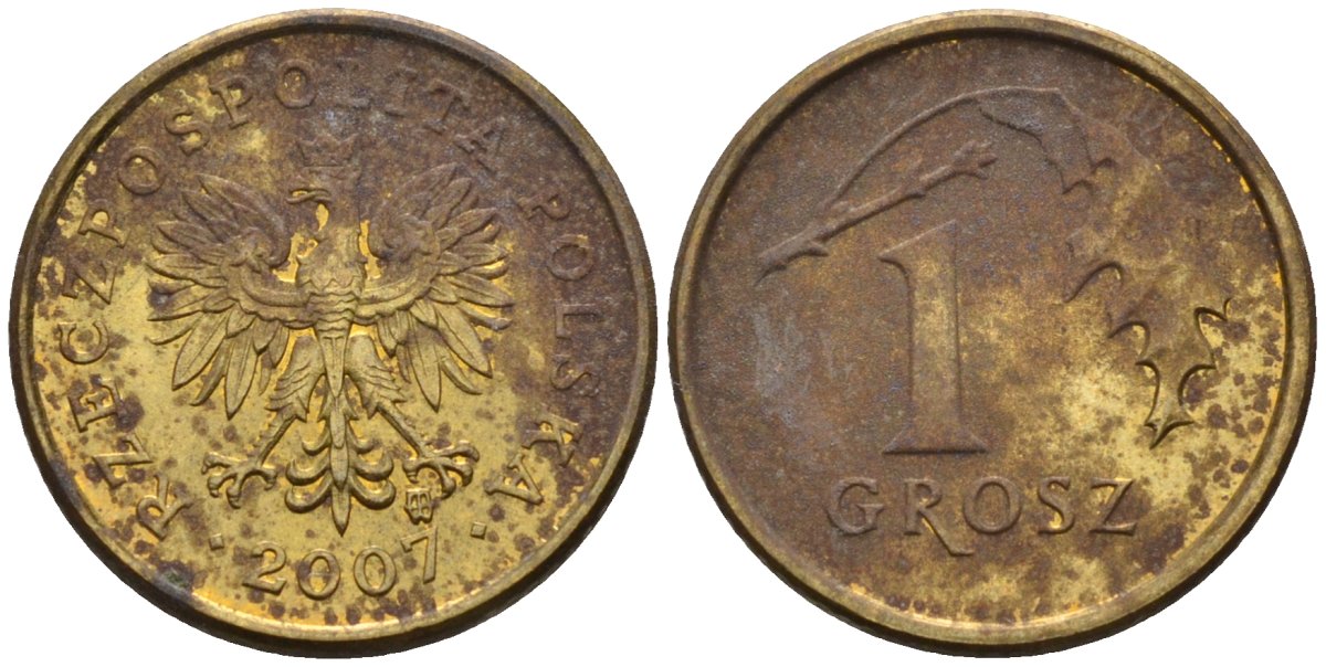 Польша 1 грош 2007 MW KM 276, Parchimowicz 701p латунь 4580-464