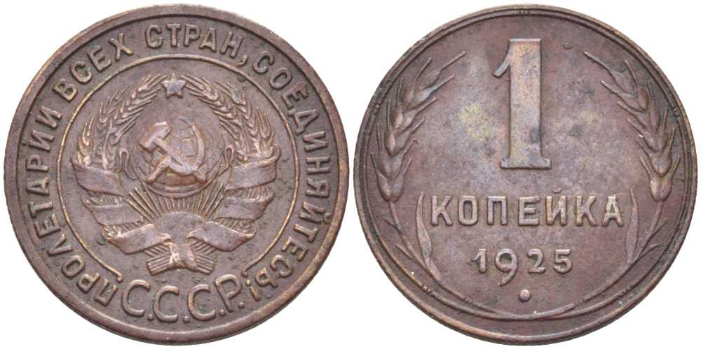 СССР 1 КОПЕЙКА 1925 ГУРТ РУБЧАТЫЙ, ОСТРИЁ СЕРПА В ПОЛЮСЕ, ДИСК СОЛНЦА БЕЗ ВЕНЧИКА, Федорин 6 KM 76 медь 417-432