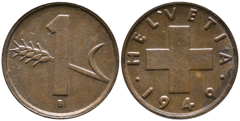 ШВЕЙЦАРИЯ 1 РАППЕН 1949 В KM 46 бронза 4528-611