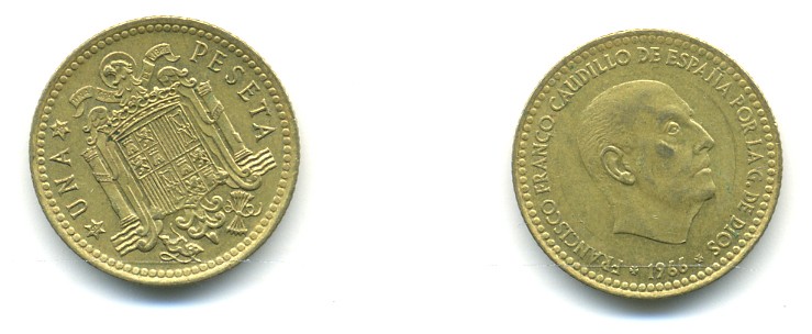 Испания 1 песета 1966 (75) Франциско Франко (1939-1975) КМ 796 алюминиевая бронза 80-1116