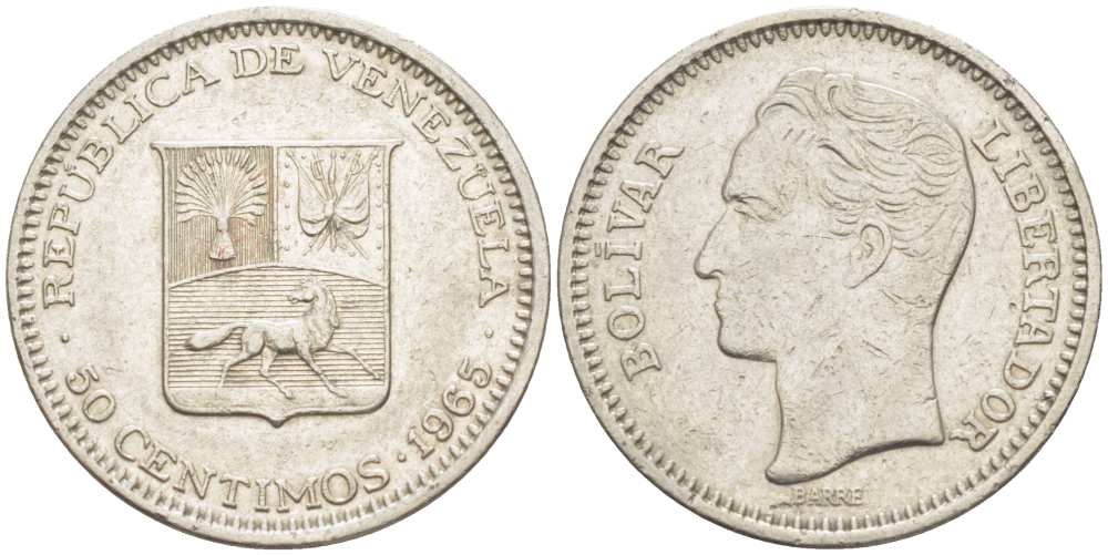 Венесуэла 50 сентимо 1965 Симон Боливар KM 41, Schon 51 никель 4516-248