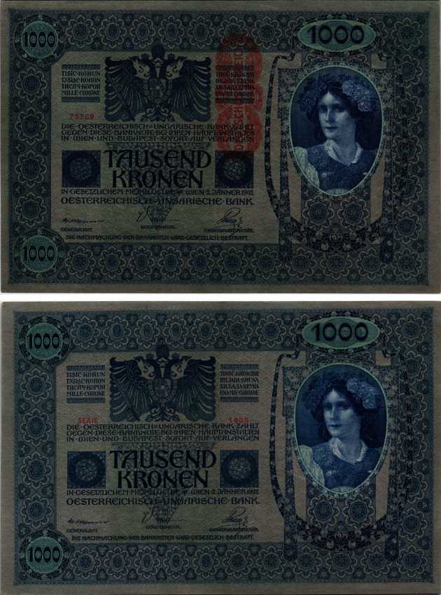 АВСТРИЯ 1000 КРОН 1919 КРАСНАЯ ВЕРТИКАЛЬНАЯ НАДПЕЧАТКА НА 1902 Pick 59 бумага аUNC 8607-4-1