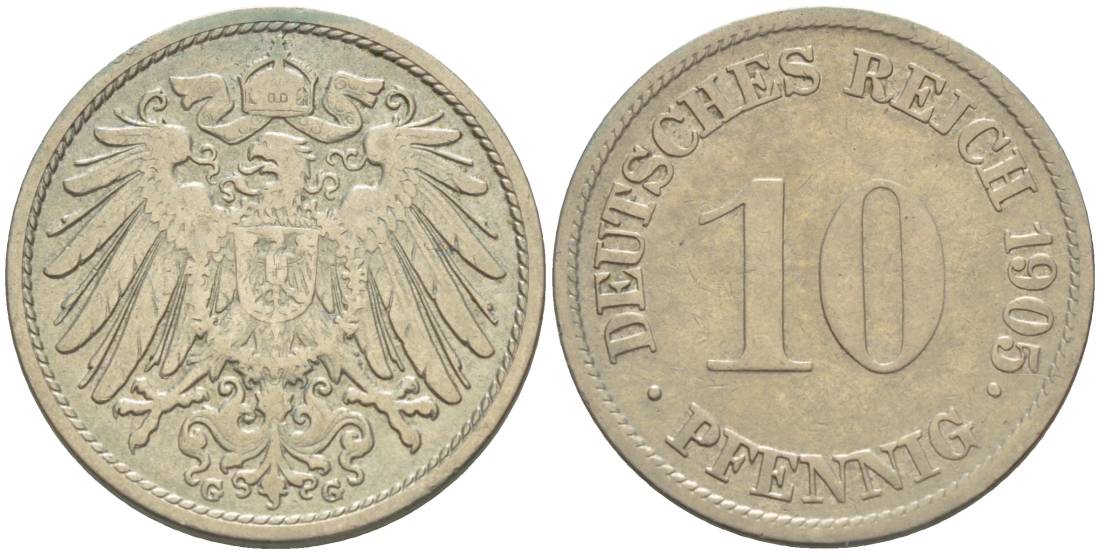 Германия 10 пфеннигов 1905 G KM 12, Jager 13, Weege 8 медно-никель 219-121