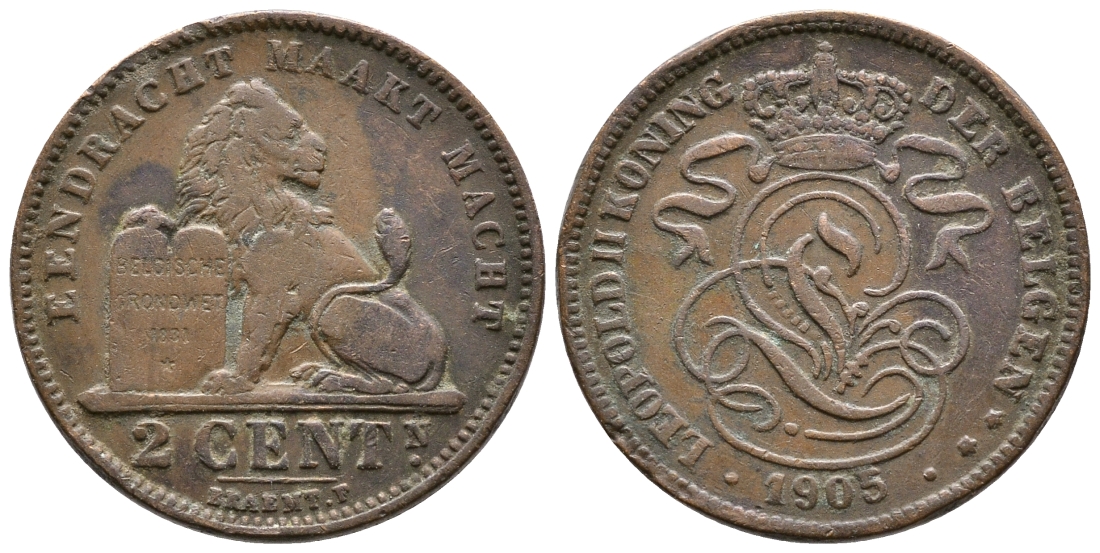 БЕЛЬГИЯ 2 САНТИМА 1905 BELGEN KM 36 медь 4364-4127
