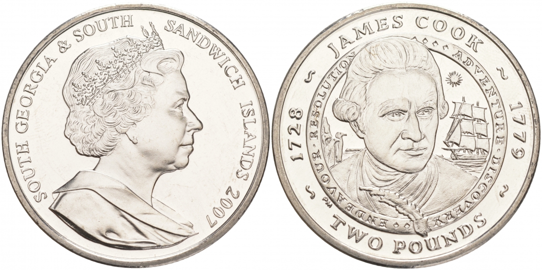 Южная Георгия и Южные Сандвичевы Острова 2 фунта 2007 Джеймс Кук (1728-1779) KM 36 медно-никель UNC M26-19
