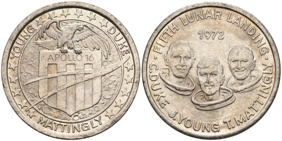 США жетон ND Аполлон 16, пятая высадка людей на Луну, C. Duke, J.Young, T.Mattingly, диаметр 26 мм. белый металл 4572-743
