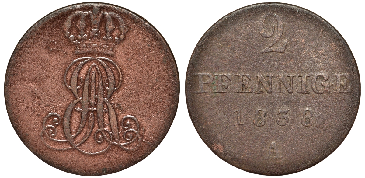 Ганновер 2 пфеннига 1838 A, Эрнст Август (1837-1851) KM 174.1, AKS 122, J. 55 медь 75-636