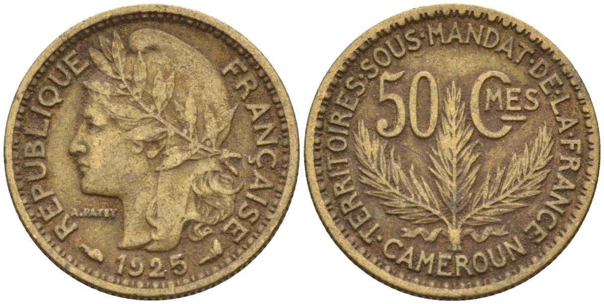 Французский Камерун 50 сантимов 1925 (а), монетный двор Париж KM 1 алюминиевая бронза 4164-1215