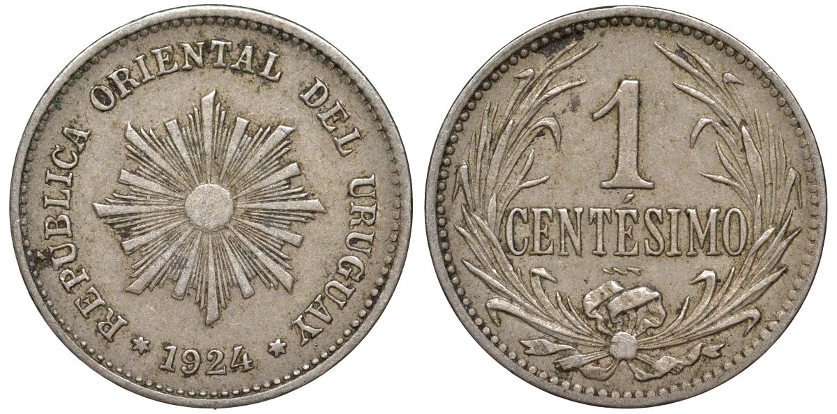 Уругвай 1 сентесимо 1924 KM 19 медно-никель 66-825