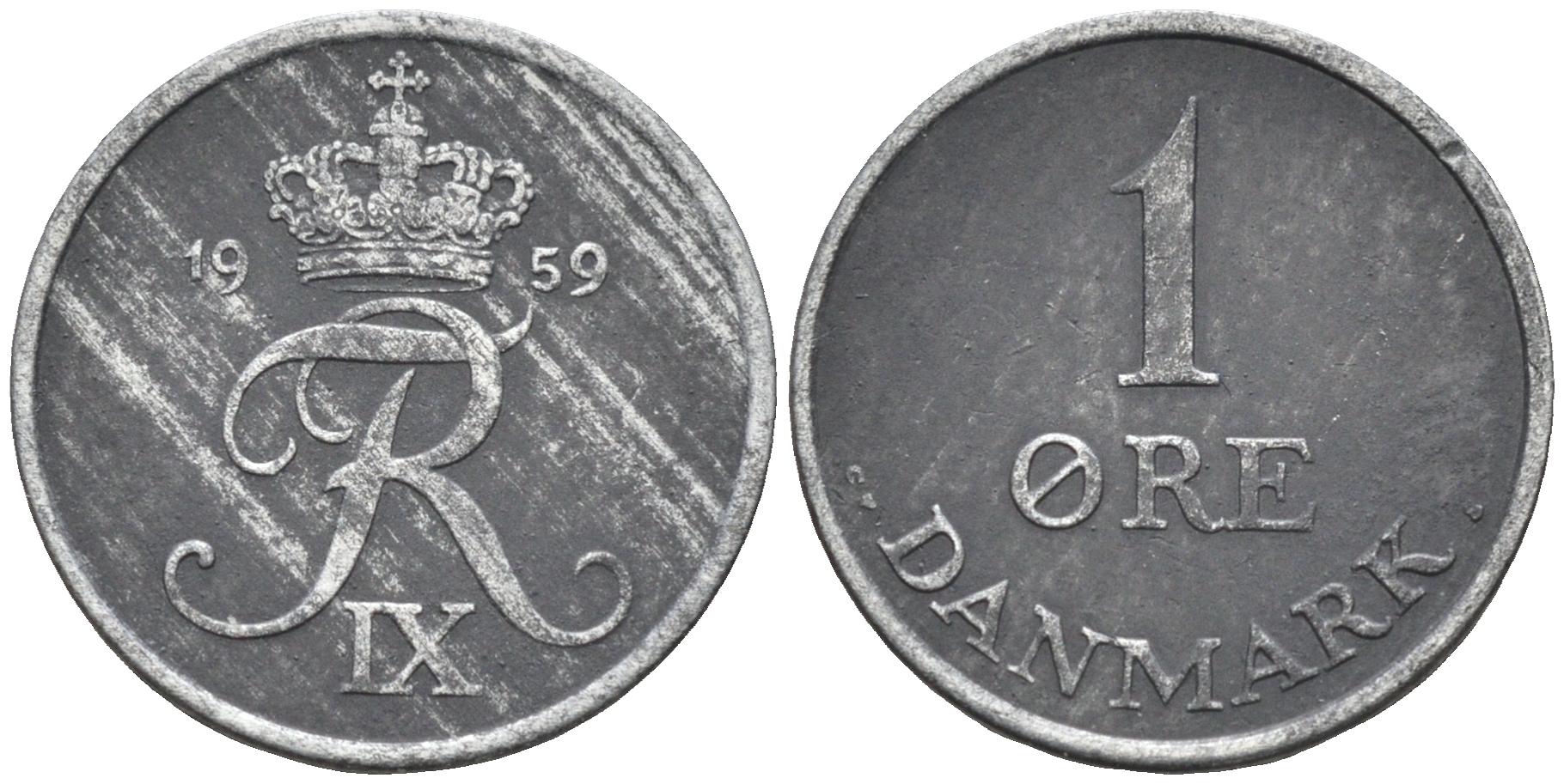 Дания 1 эре 1959 С. S, Фредерик IX (1947-1972) КМ 839.2 цинк    4169-164