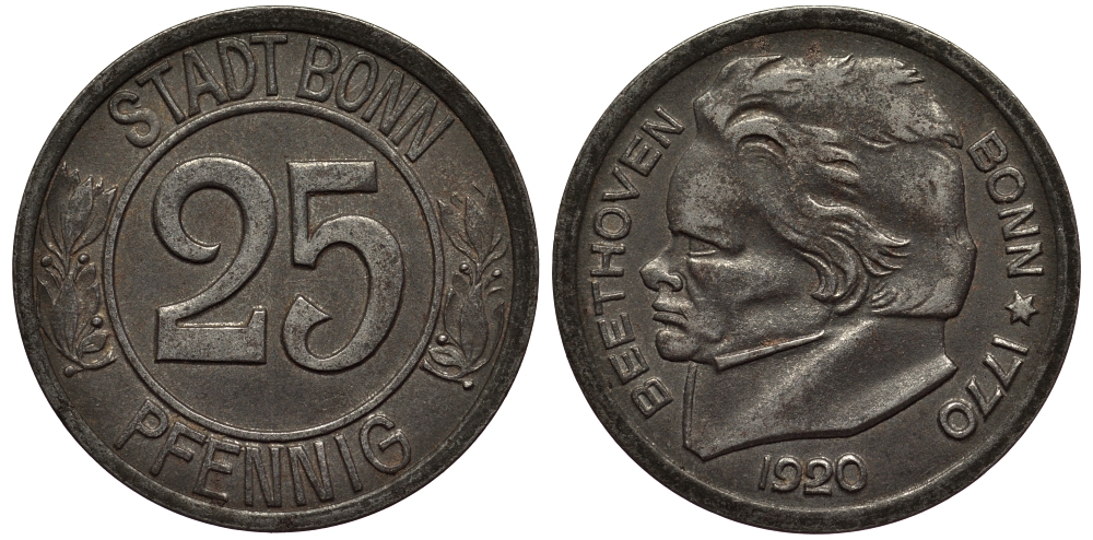 БОНН 25 ПФЕННИГОВ 1920 НОТГЕЛЬД, БЕТХОВЕН железо 1521-1523
