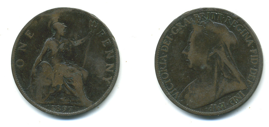 Великобритания 1 пенни 1897 Виктория (1837-1901) KM 790, Spink 3961 бронза 4383-534