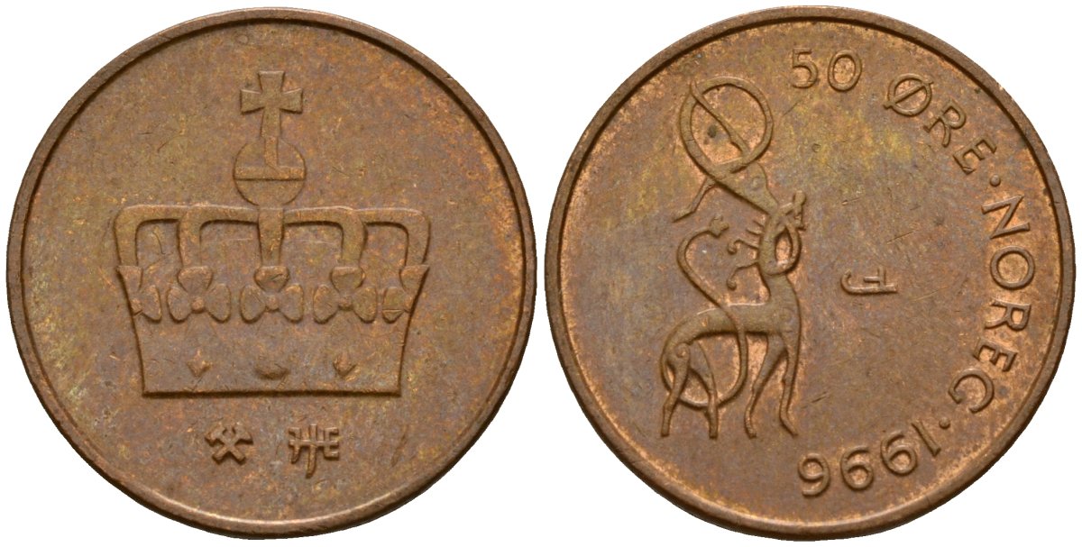 Норвегия 50 эре 1996 Харальд V (1991- ) KM 460 бронза 4154-817