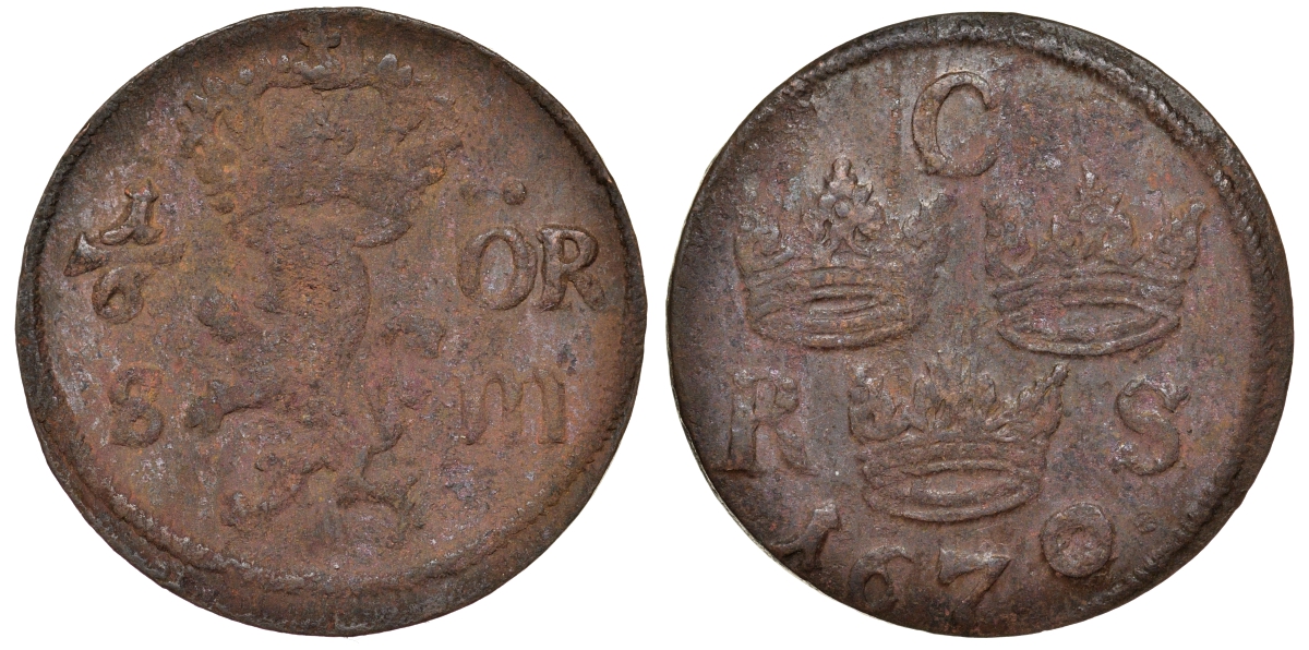 Швеция 1/6 эре 1670 Карл XI (1660-1697), была в обращении на территории России KM 254 медь 4177-421