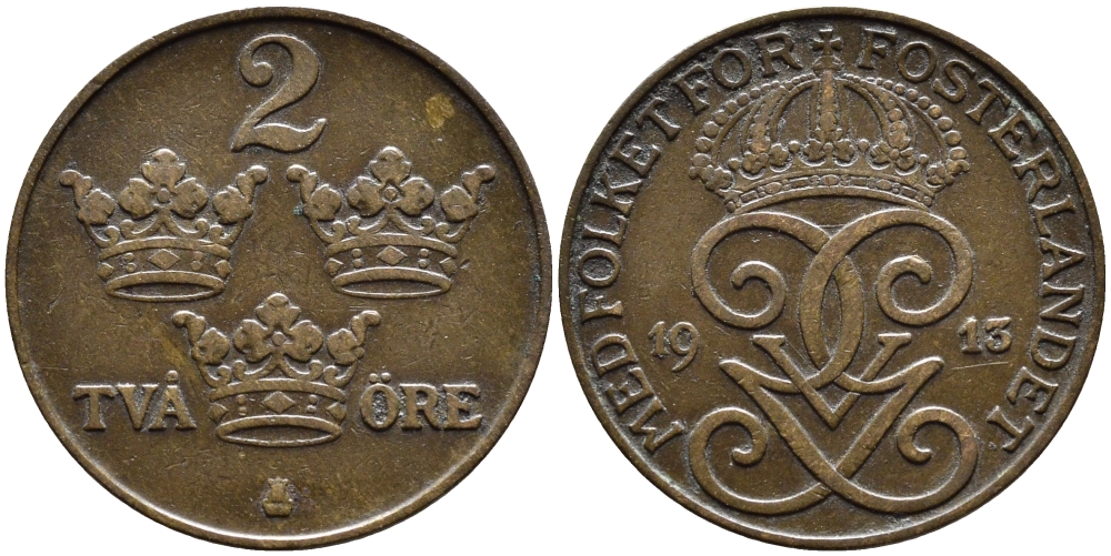 Швеция 2 эре 1913 Густав V (1907-1950) KM 778 бронза 54-1536