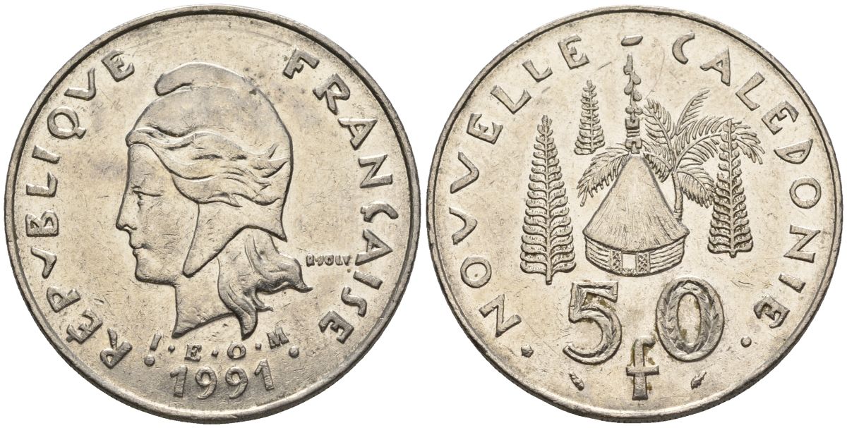 Французская Новая Каледония 50 франков 1991 хижина среди сосен и пальм, (IEOM) KM 13, Schoen 15, Lec 121 никель 4120-913