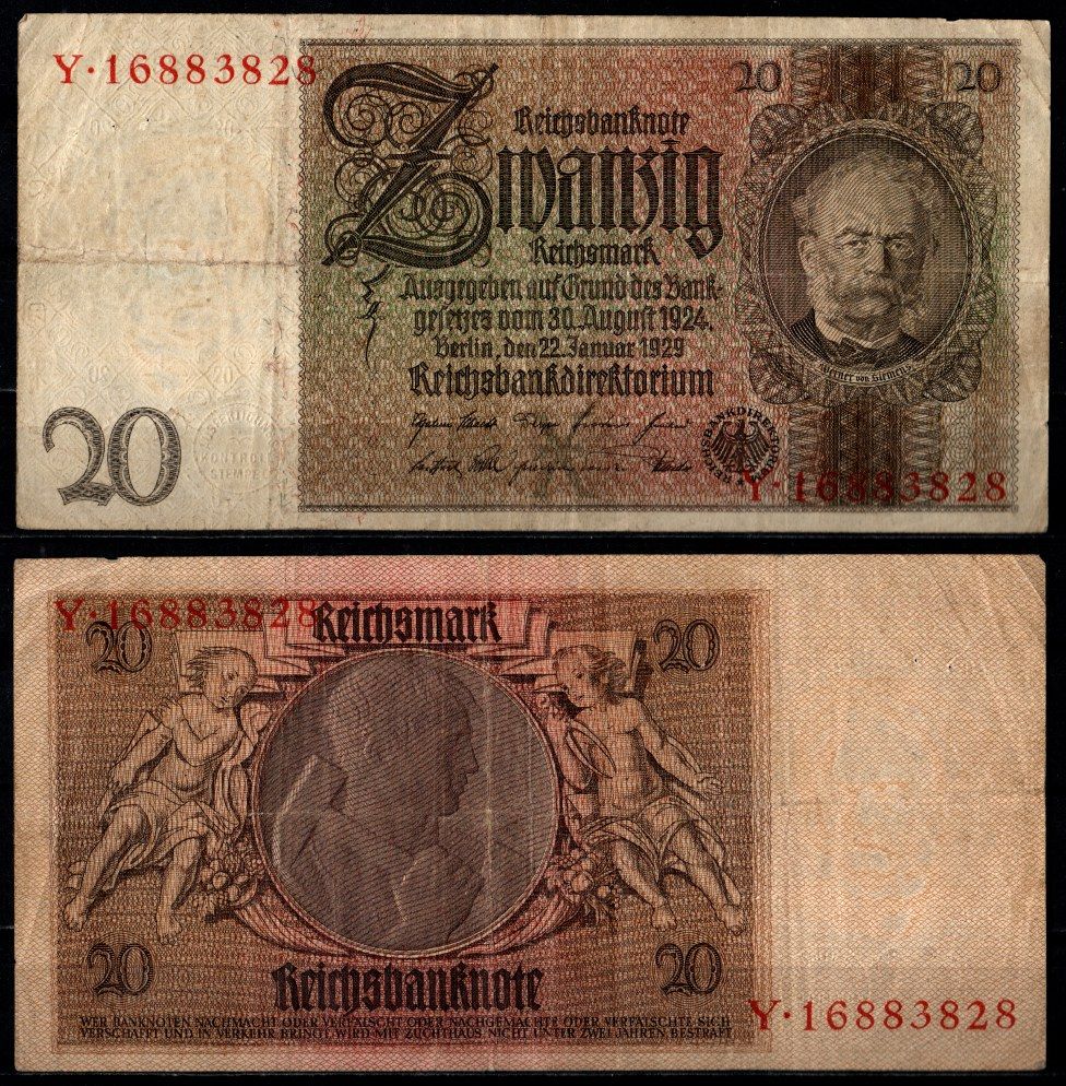 Германия 20 рейхсмарок 1929 Pick 181 a (1-1) бумага 7203-67-3-2