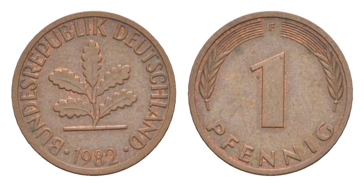 ФРГ 1 пфенниг 1982 F KM 105, J.380 сталь плакированная медью 4630-913