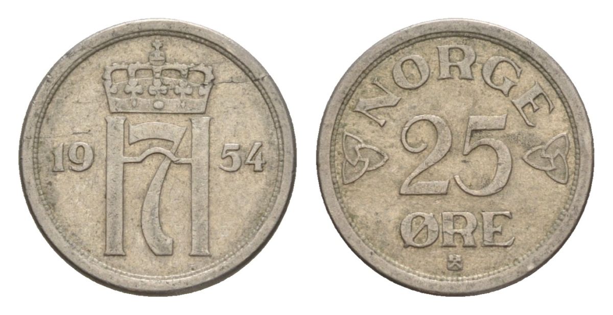 Норвегия 25 эре 1954 Хокон VII (1905-1957) KM 401 медно-никель 4632-1229