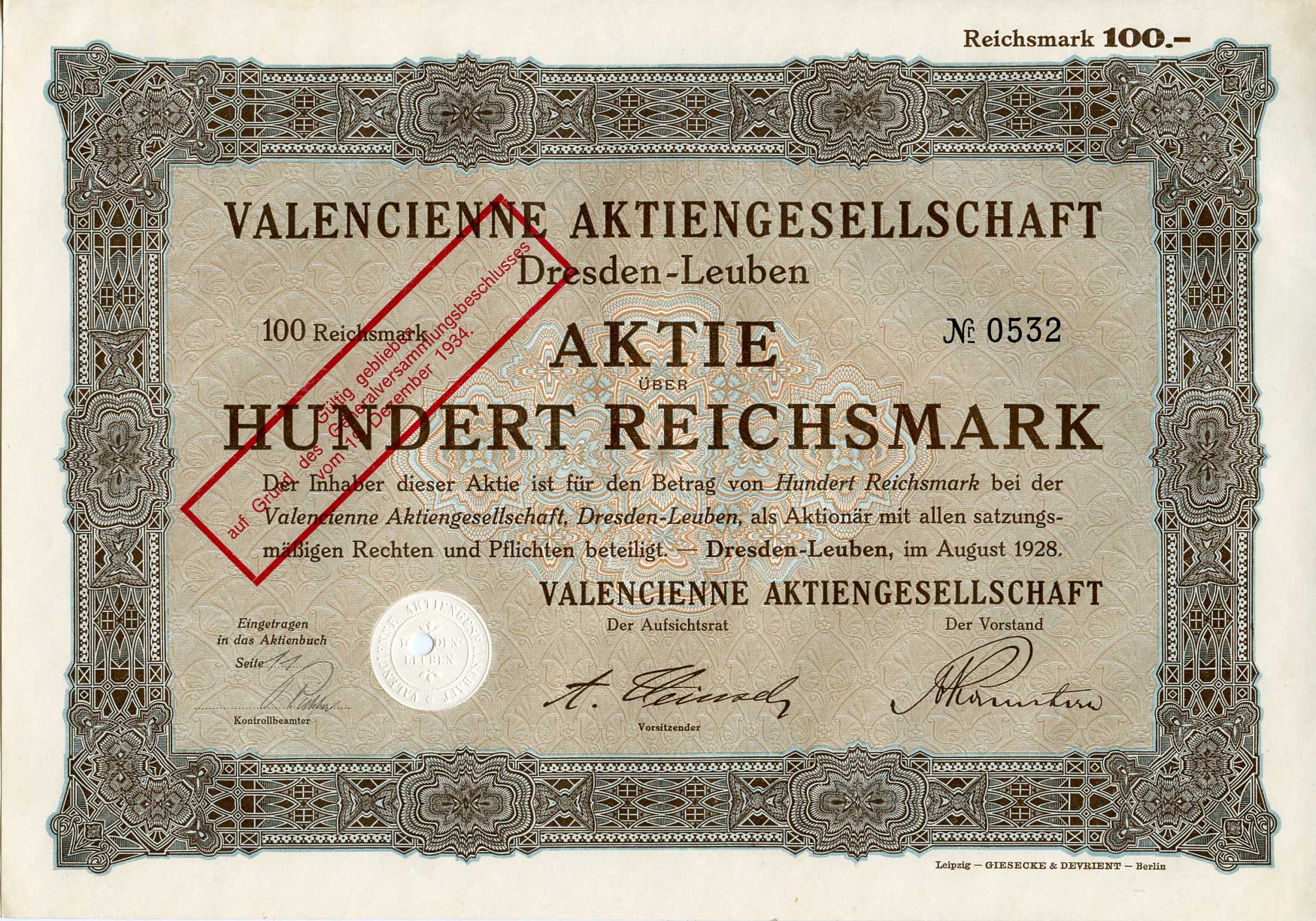 Германия 100 рейхсмарок 1928 АО Валансьен, Дрезден-Лойбен, акция   бумага   8803-53-1