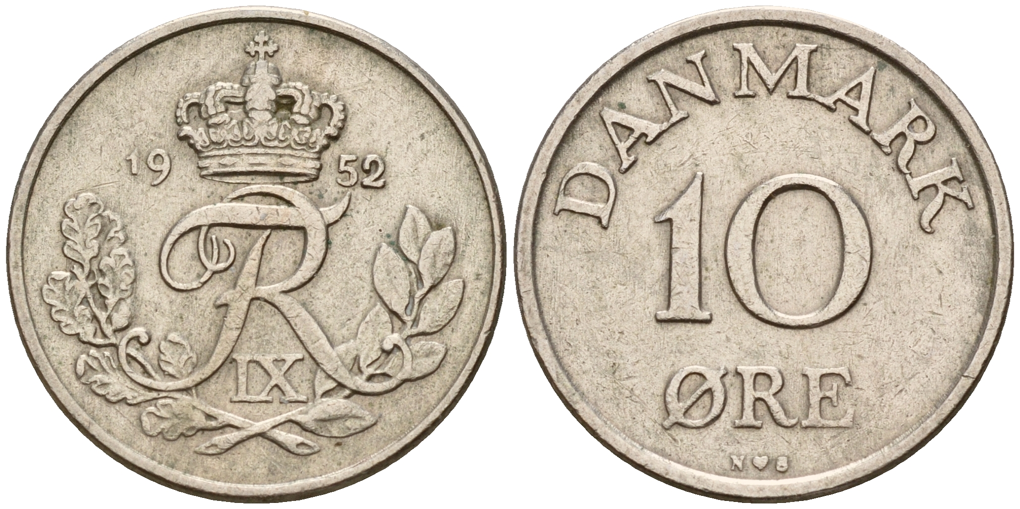 Дания 10 эре 1952 C; S, Фредерик IX (1947-1972) KM 841.1 медно-никель    4189-229