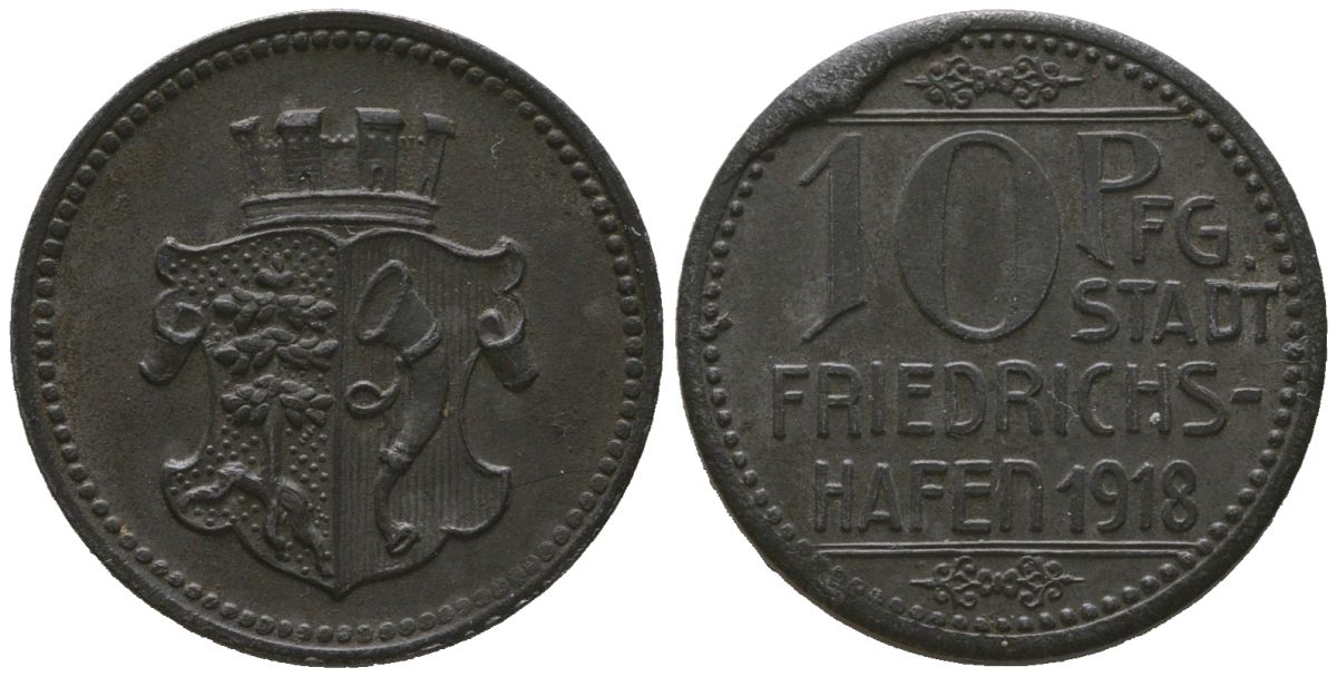 Фридрихсхафен (Федеральная земля Вюртемберг) 10 пфеннигов 1918 Funck 142.1, Men18 10382.1 железо aUNC 4601-626