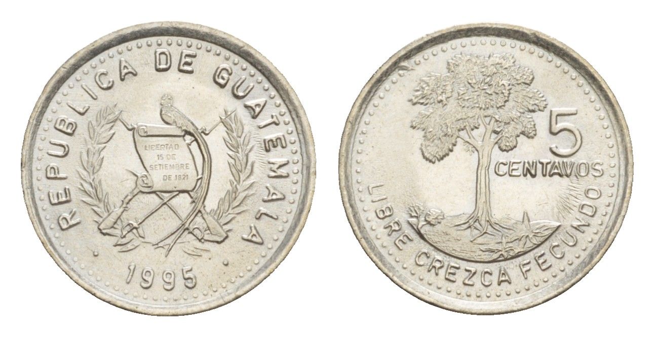 Гватемала 5 сентаво 1995 редкий год KM 276.5 медно-никель UNC 4644-257