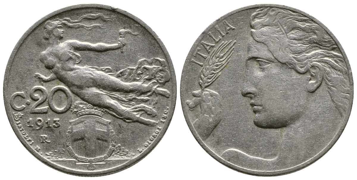 Италия 20 чентезимо 1913 R, Виктор Эммануил III (1900-1946) KM 44 никель 4622-344